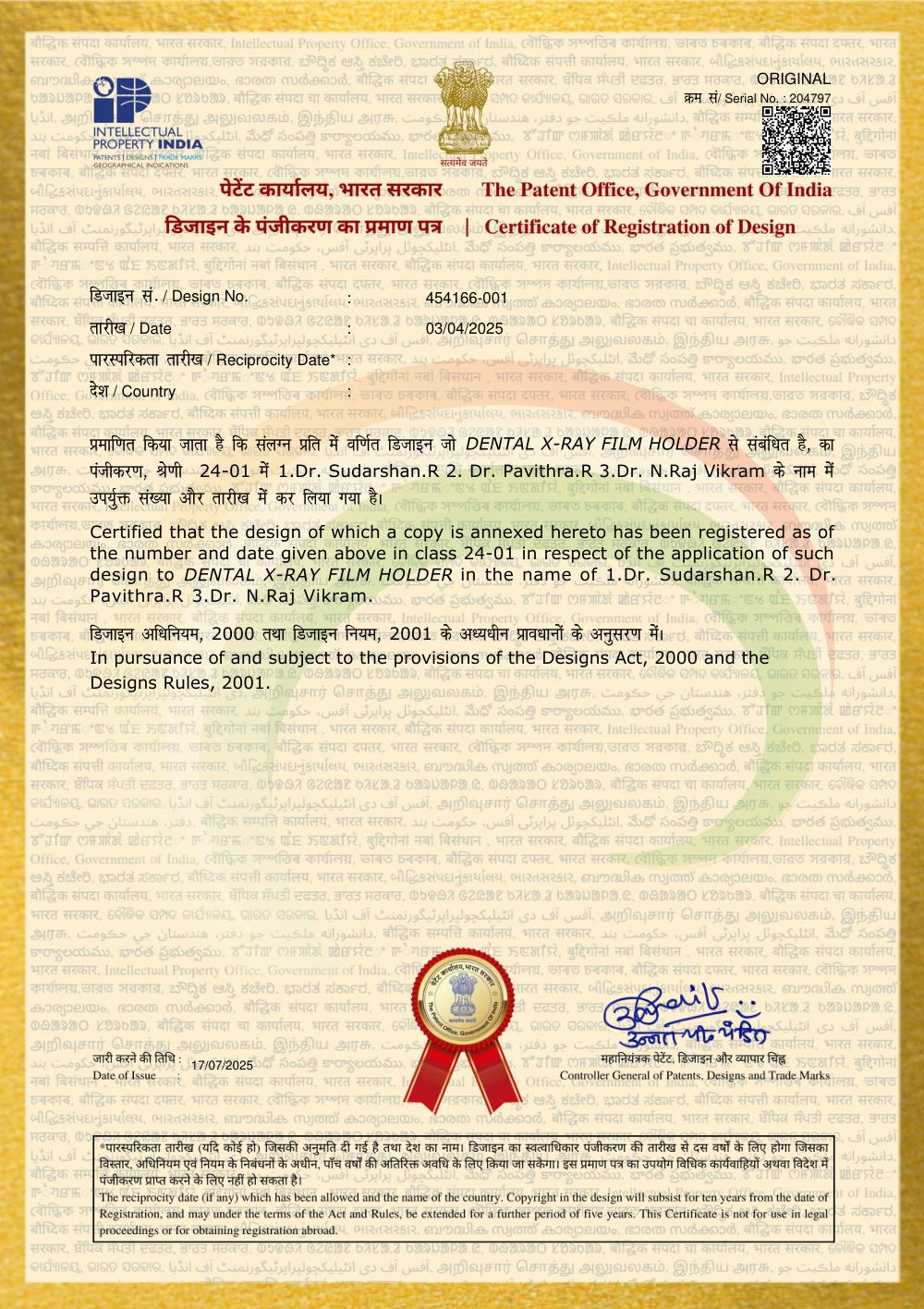 Certificate of Registration of Design 454166-001 — “Dental X-Ray Film Holder”, class 24-01, registered 3 April 2025 in the names of Dr. Sudarshan. R, Dr. Pavithra. R and Dr. N. Raj Vikram.