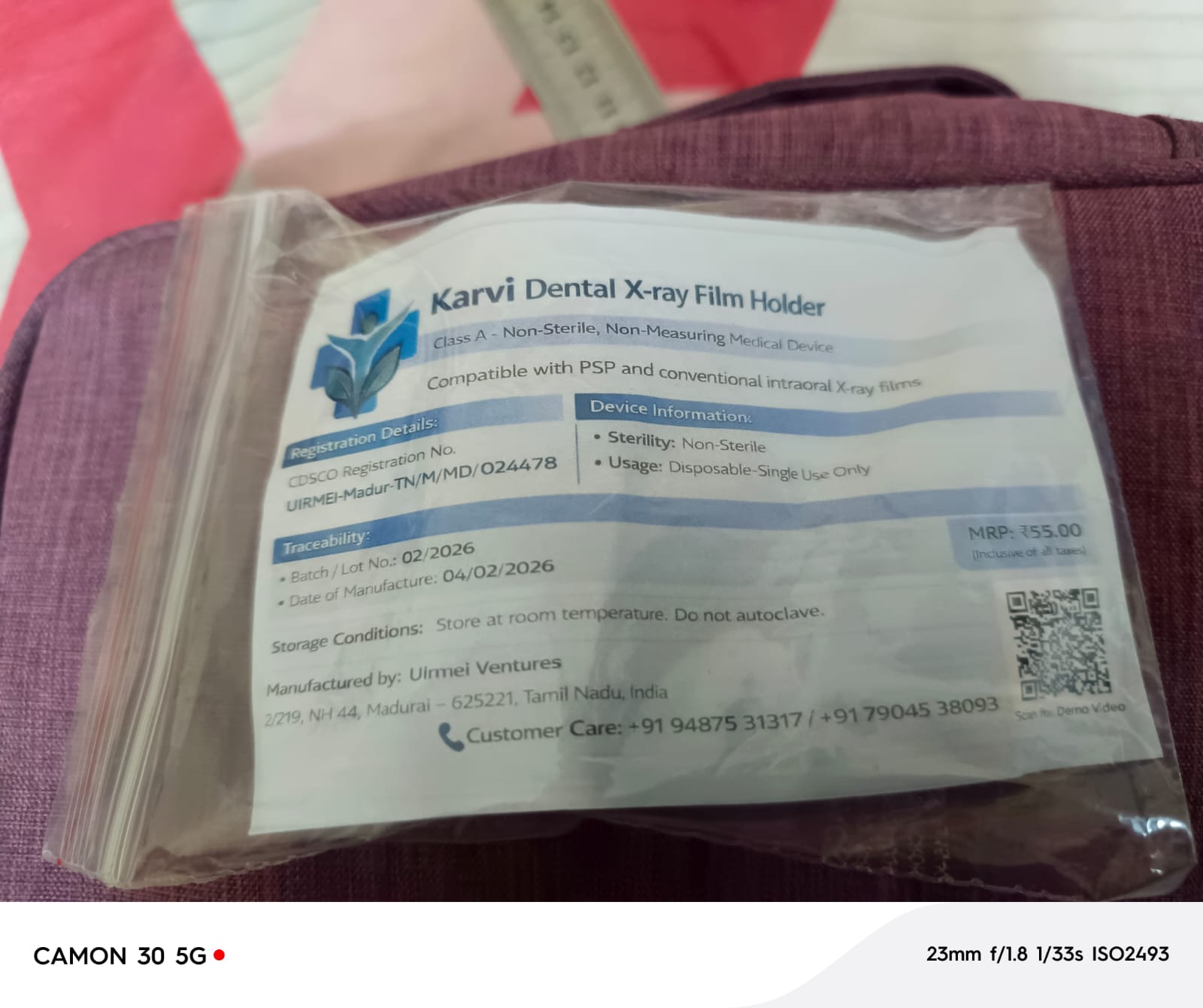 The KARVI retail label showing the CDSCO registration number, device class and storage conditions.